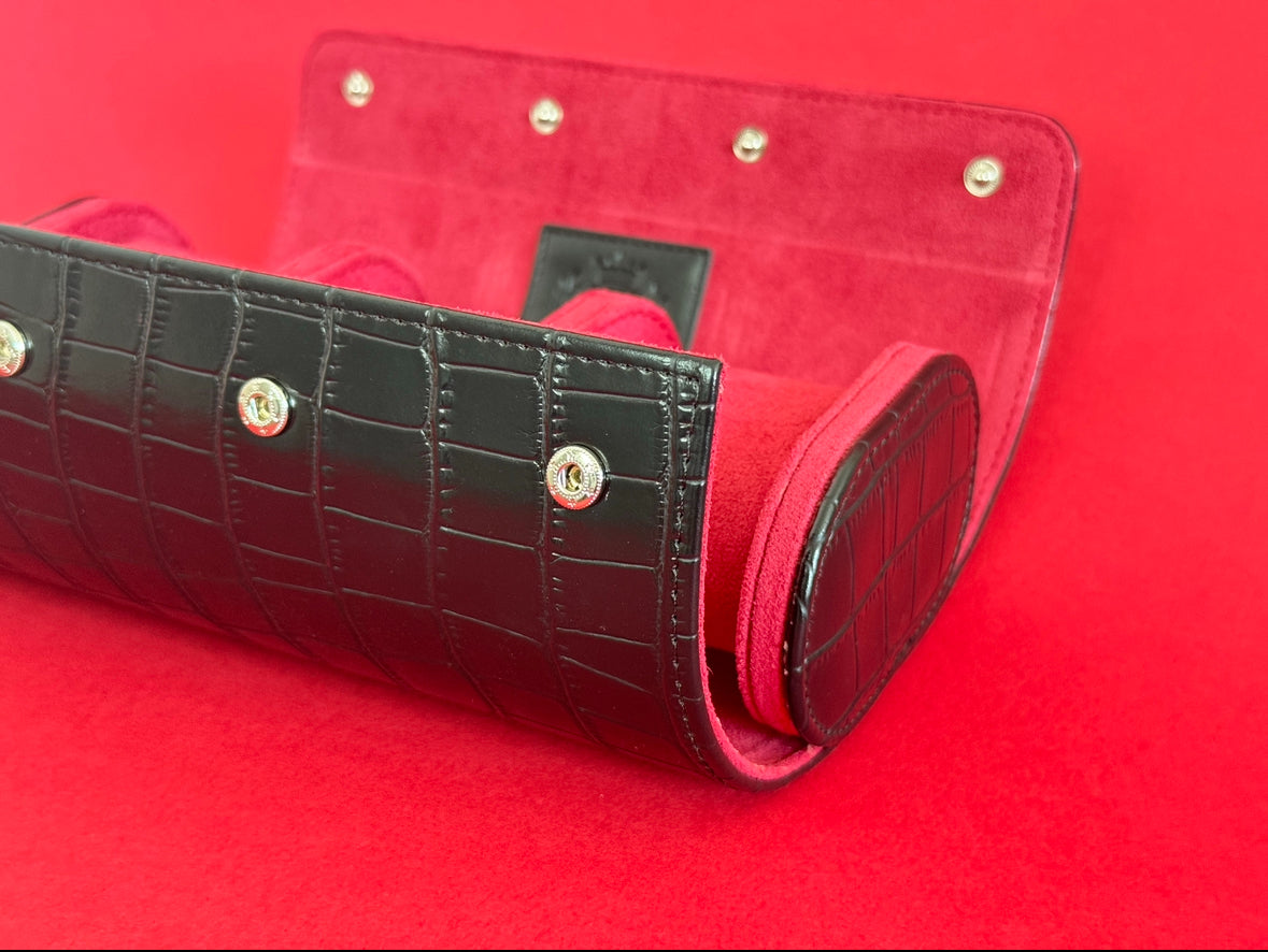 J L Jones 3-Slot Watch Roll Black Crocodile Leather Red Velvet