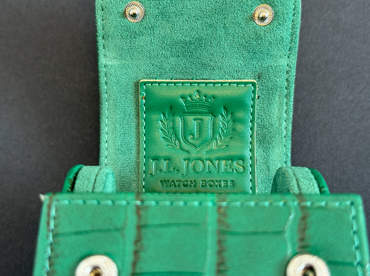J L Jones Single Slot Watch Roll Green Crocodile Leather Money Green