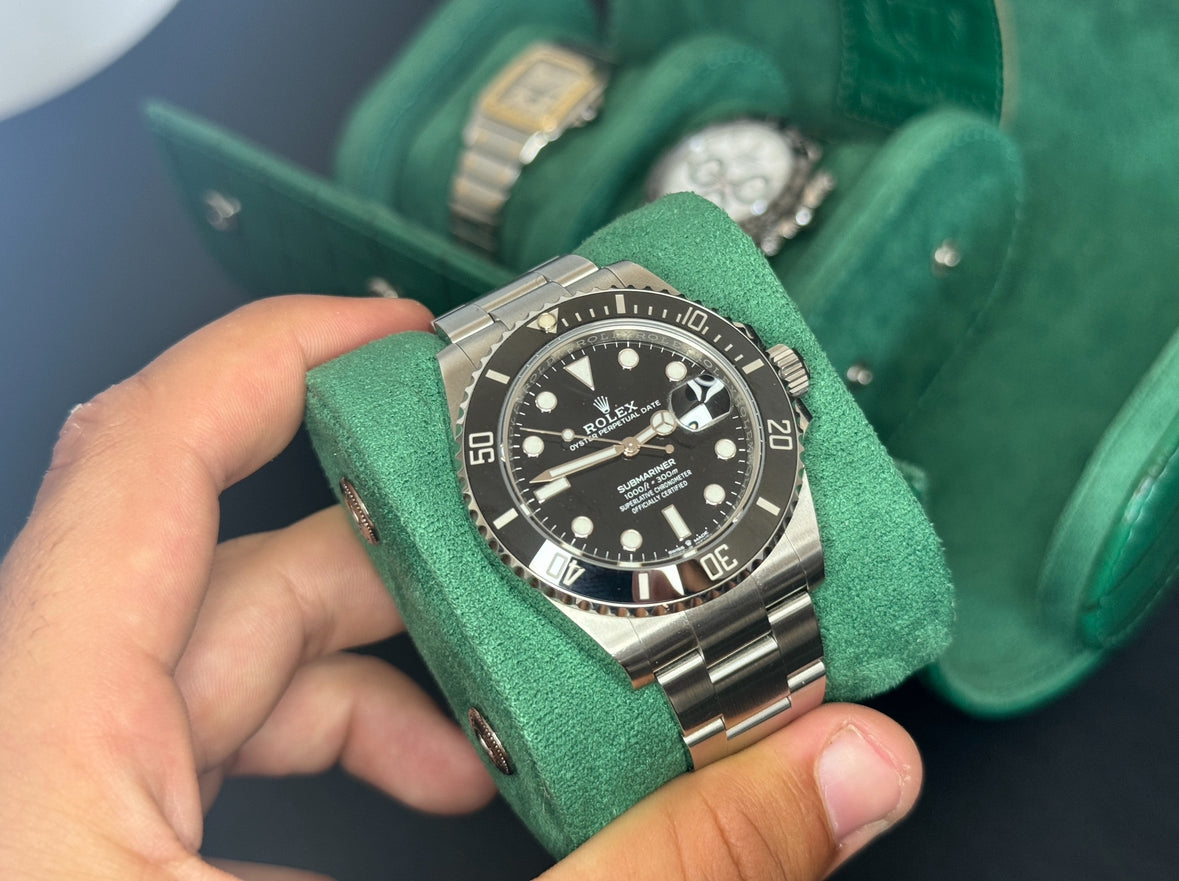 J L Jones 3-Slot Watch Roll Green Crocodile Leather Money Green