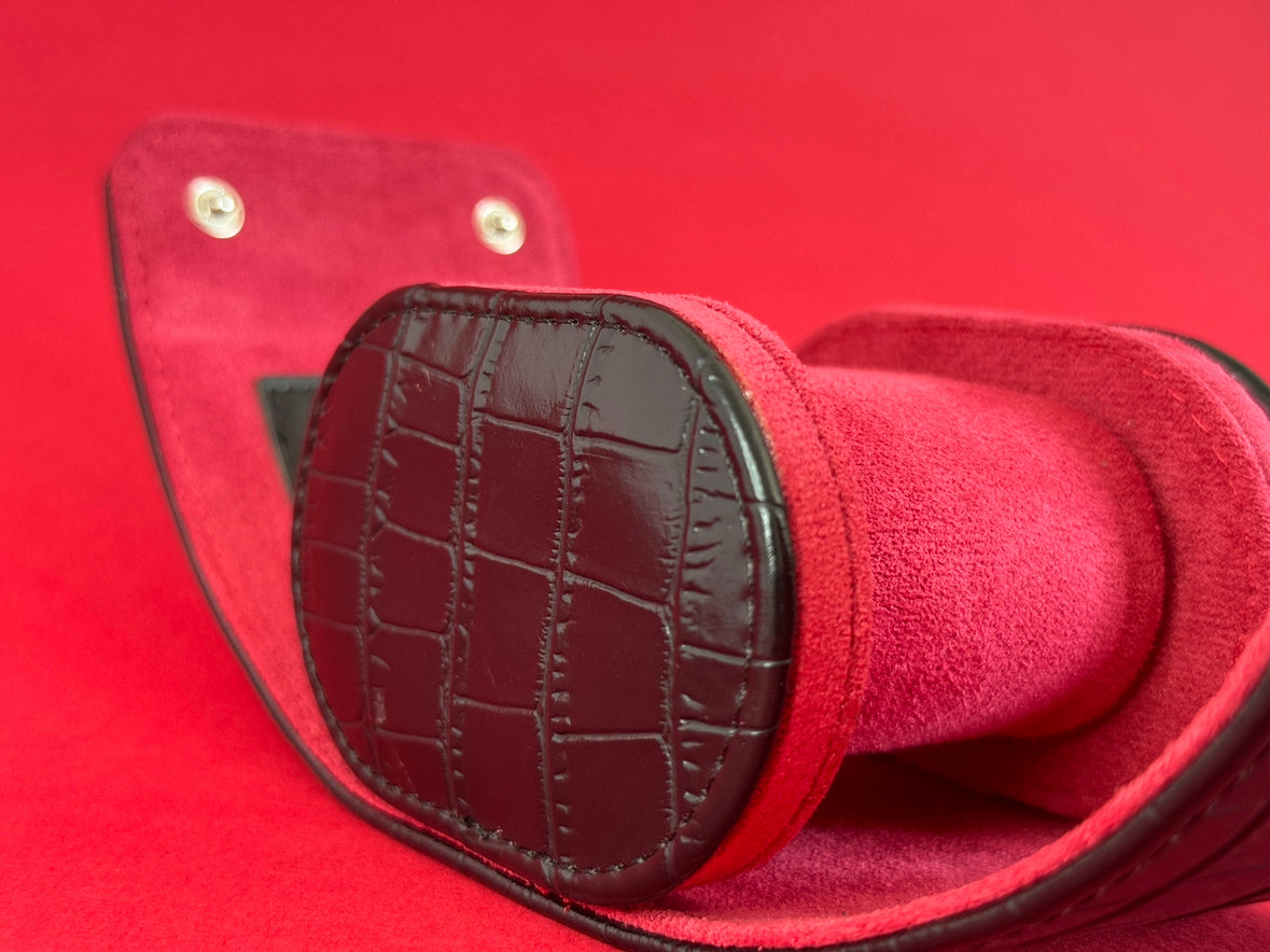 J L Jones Single Slot Watch Roll Black Crocodile Leather Red Velvet