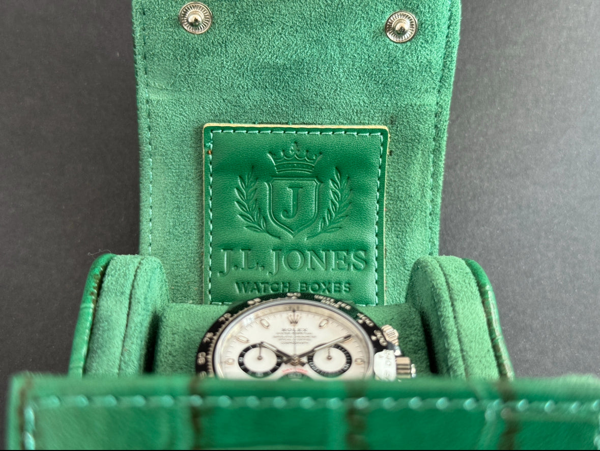 J L Jones Single Slot Watch Roll Green Crocodile Leather Money Green