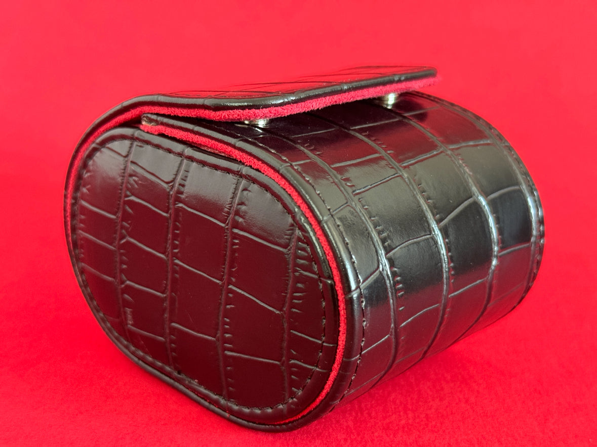 J L Jones Single Slot Watch Roll Black Crocodile Leather Red Velvet