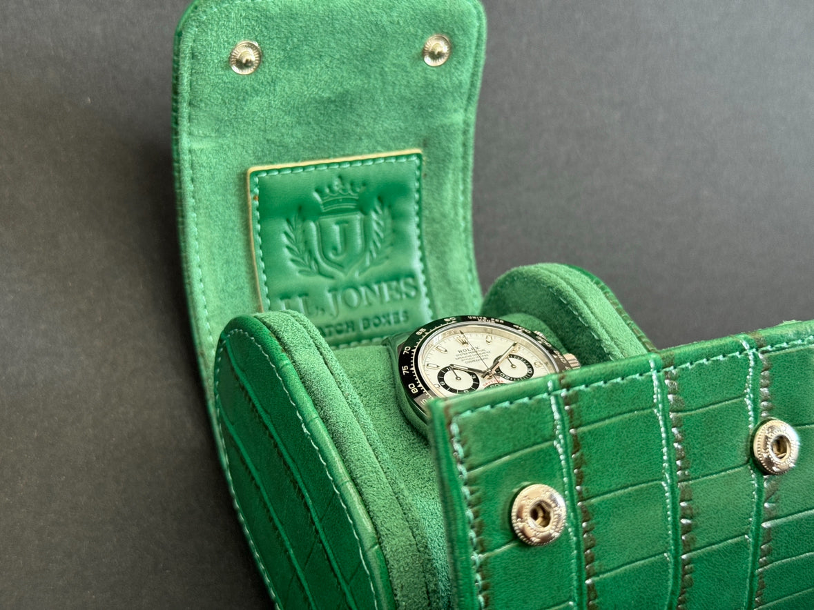 J L Jones Single Slot Watch Roll Green Crocodile Leather Money Green