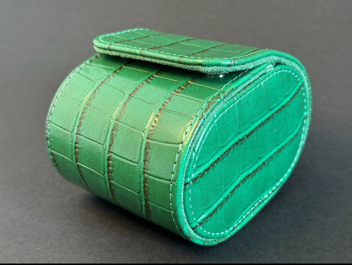 J L Jones Single Slot Watch Roll Green Crocodile Leather Money Green