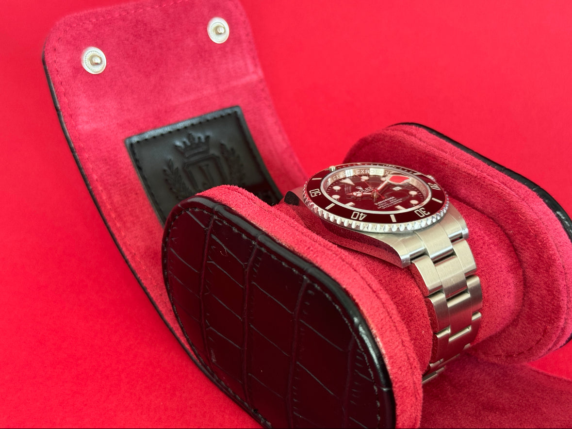 J L Jones Single Slot Watch Roll Black Crocodile Leather Red Velvet