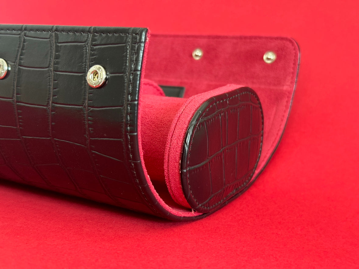 J L Jones 3-Slot Watch Roll Black Crocodile Leather Red Velvet