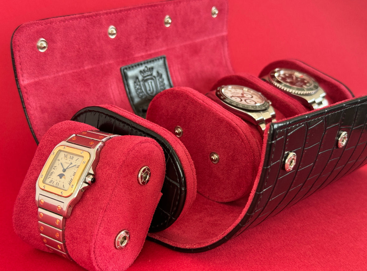 J L Jones 3-Slot Watch Roll Black Crocodile Leather Red Velvet