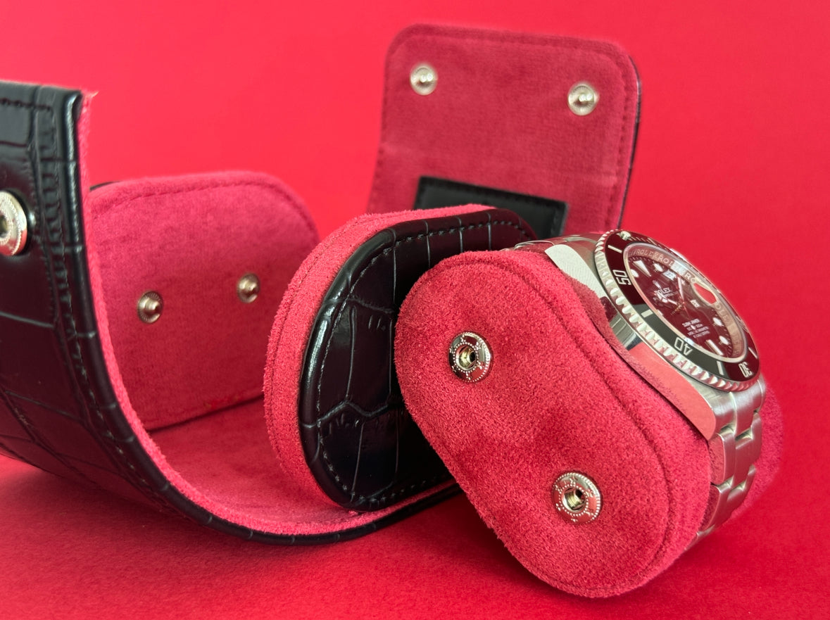 J L Jones Single Slot Watch Roll Black Crocodile Leather Red Velvet