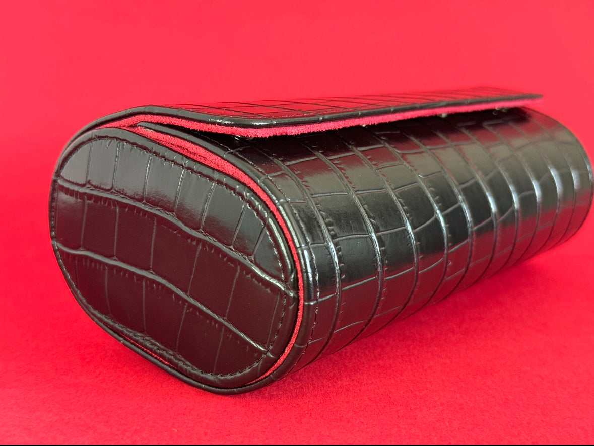 J L Jones 3-Slot Watch Roll Black Crocodile Leather Red Velvet