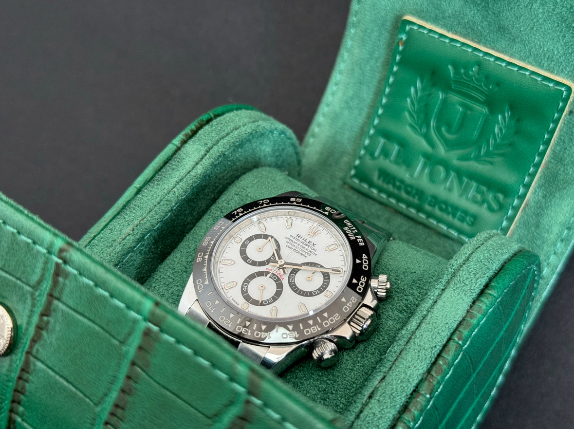 J L Jones Single Slot Watch Roll Green Crocodile Leather Money Green