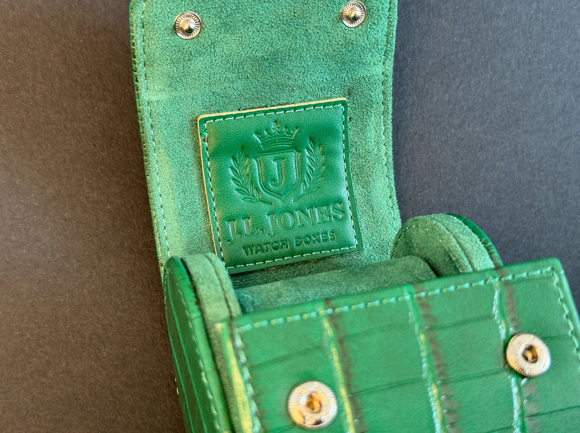 J L Jones Single Slot Watch Roll Green Crocodile Leather Money Green