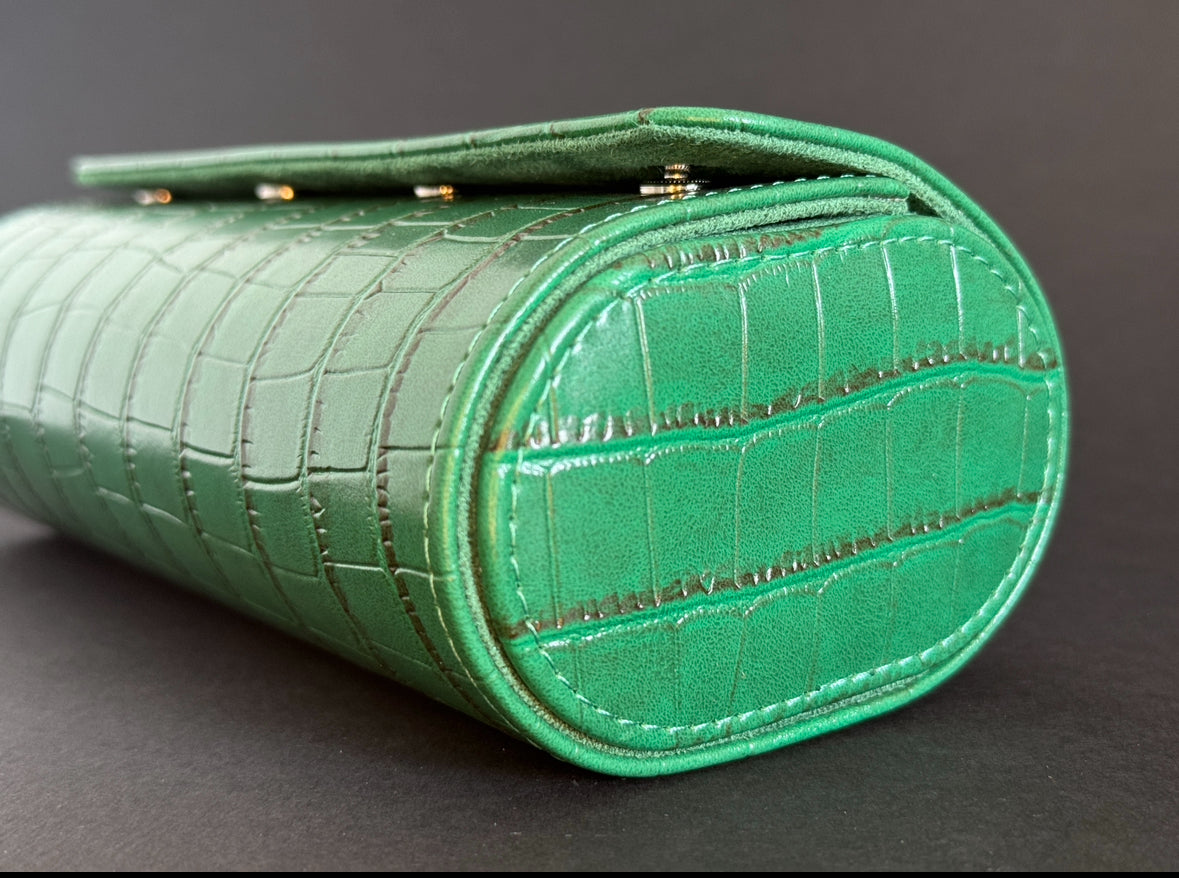J L Jones 3-Slot Watch Roll Green Crocodile Leather Money Green