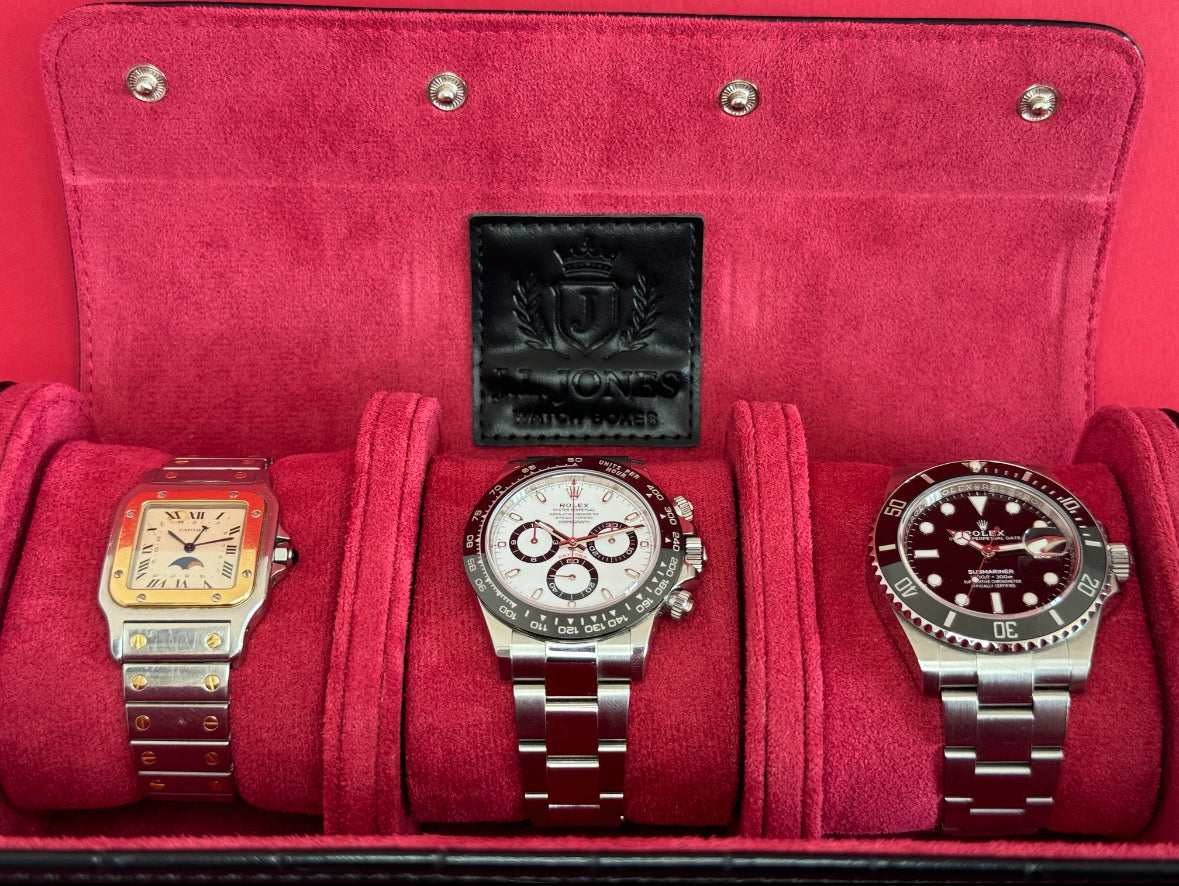 J L Jones 3-Slot Watch Roll Black Crocodile Leather Red Velvet