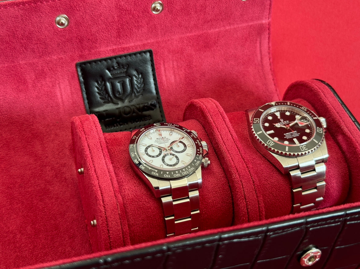 J L Jones 3-Slot Watch Roll Black Crocodile Leather Red Velvet