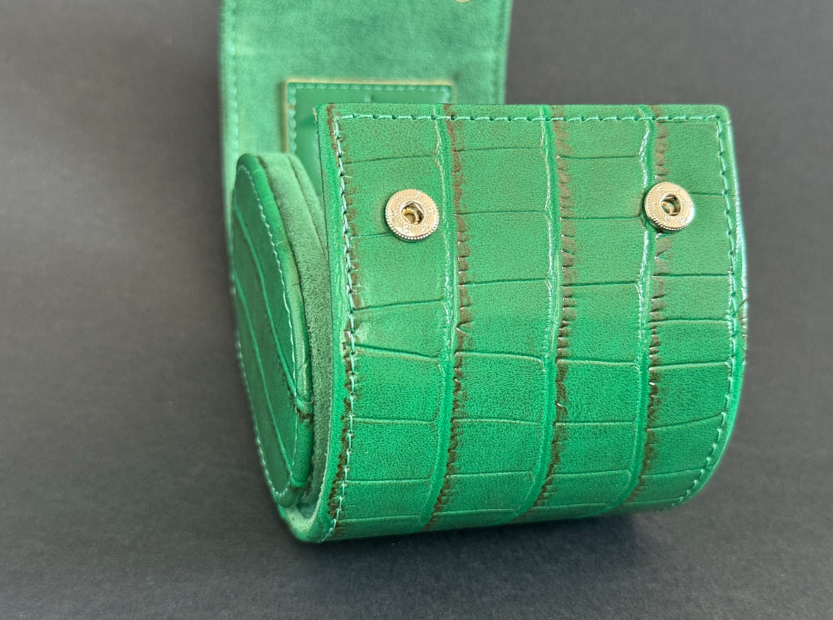 J L Jones Single Slot Watch Roll Green Crocodile Leather Money Green