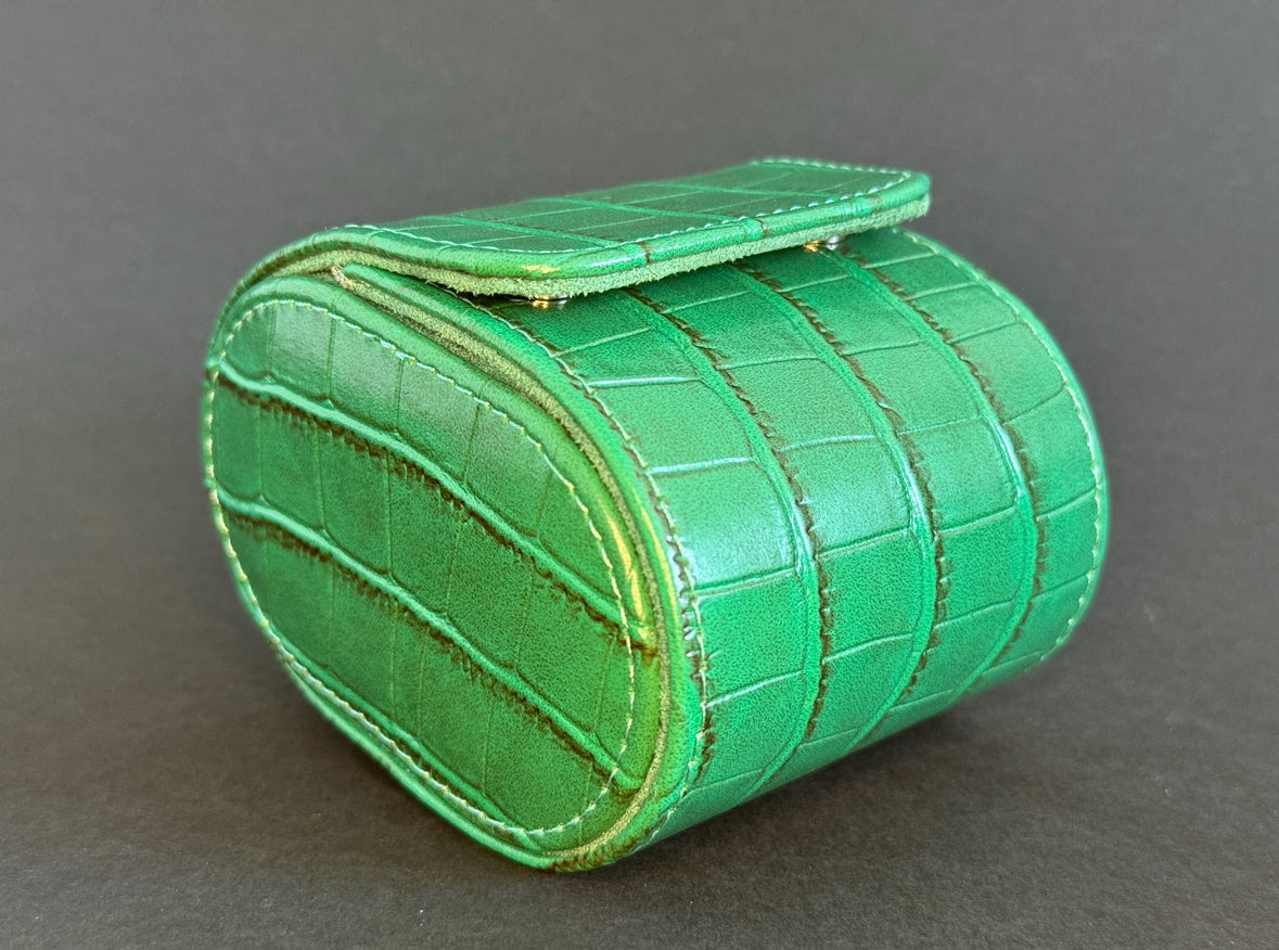 J L Jones Single Slot Watch Roll Green Crocodile Leather Money Green