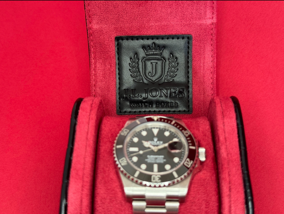 J L Jones Single Slot Watch Roll Black Crocodile Leather Red Velvet
