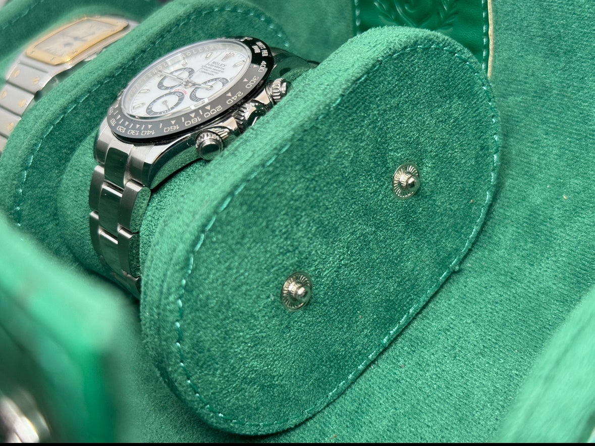 J L Jones 3-Slot Watch Roll Green Crocodile Leather Money Green
