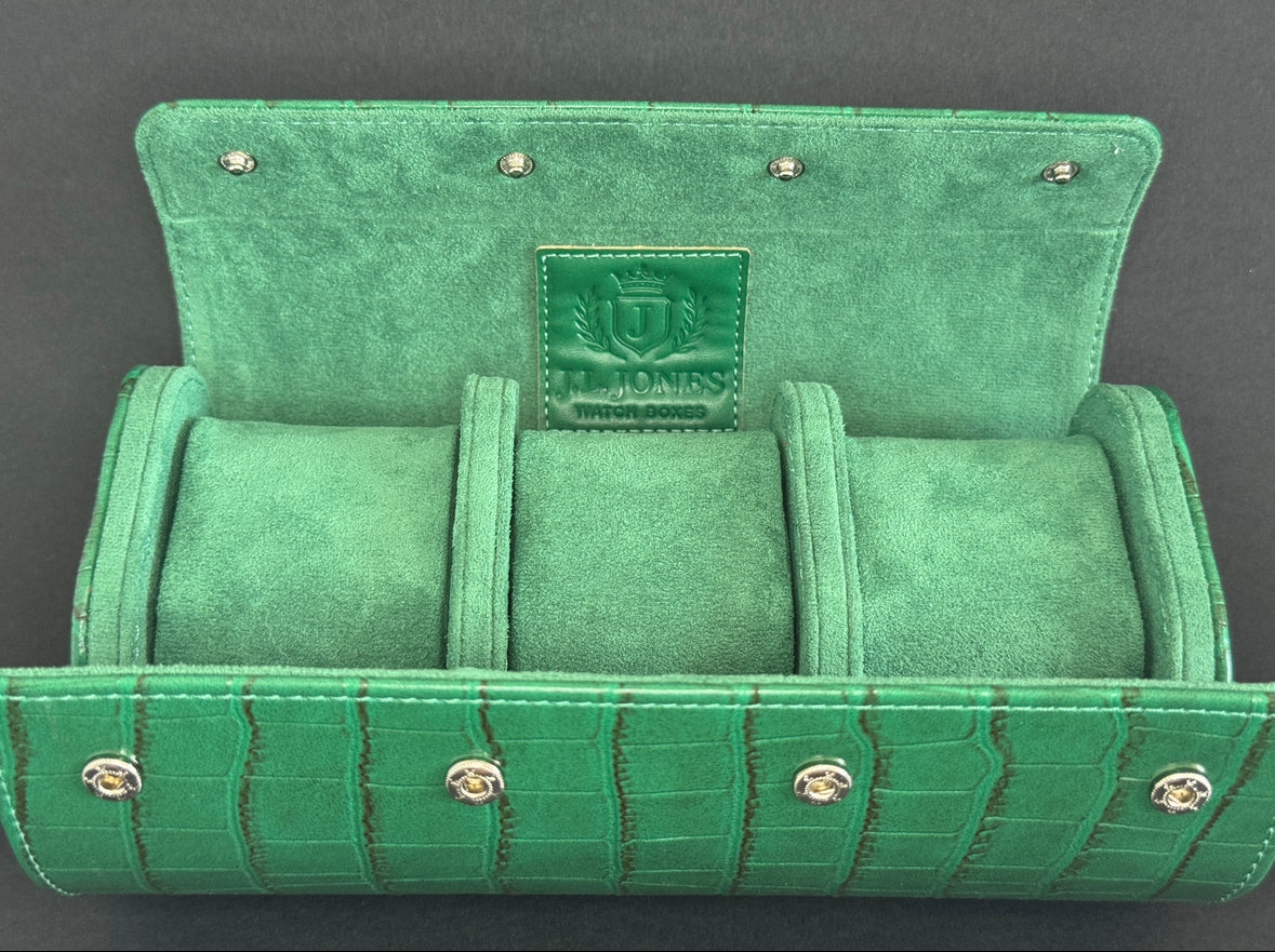 J L Jones 3-Slot Watch Roll Green Crocodile Leather Money Green