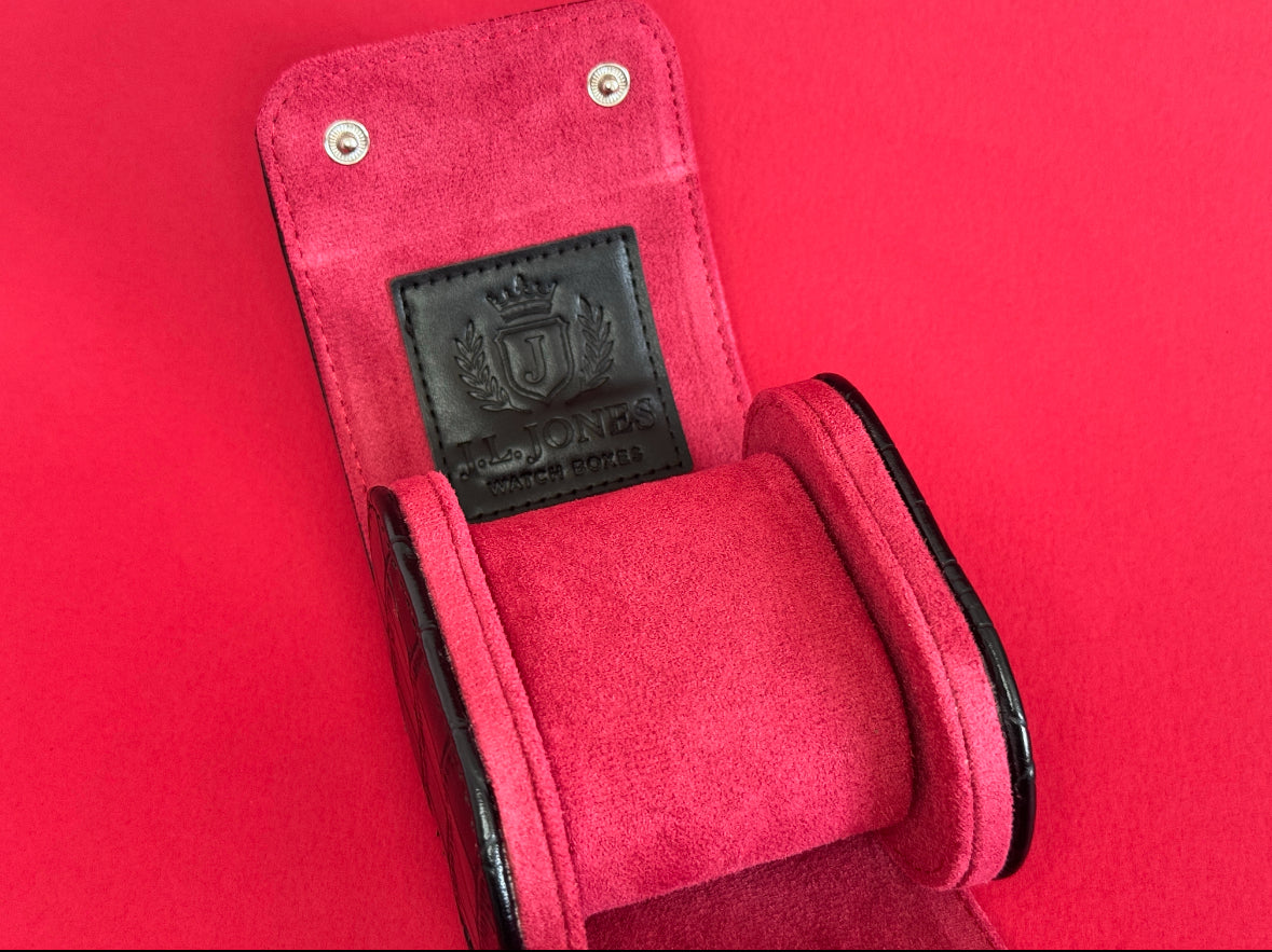 J L Jones Single Slot Watch Roll Black Crocodile Leather Red Velvet