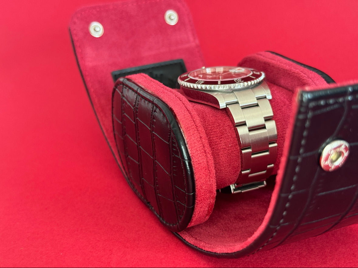 J L Jones Single Slot Watch Roll Black Crocodile Leather Red Velvet
