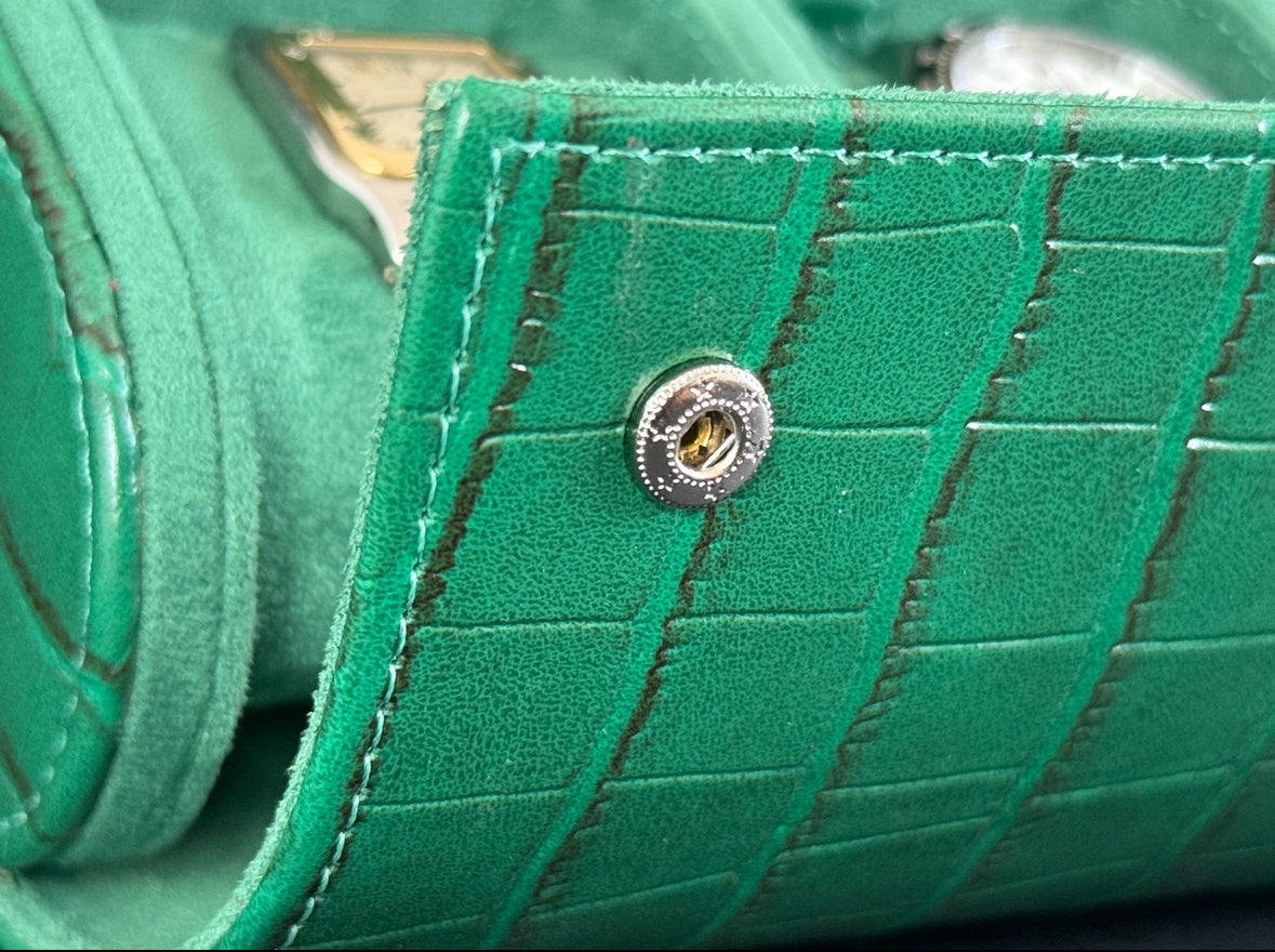 J L Jones 3-Slot Watch Roll Green Crocodile Leather Money Green