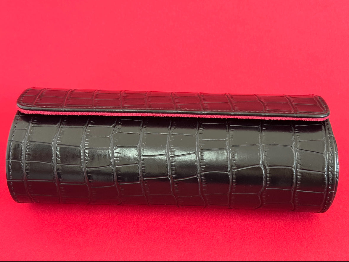 J L Jones 3-Slot Watch Roll Black Crocodile Leather Red Velvet