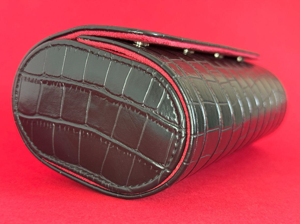 J L Jones 3-Slot Watch Roll Black Crocodile Leather Red Velvet