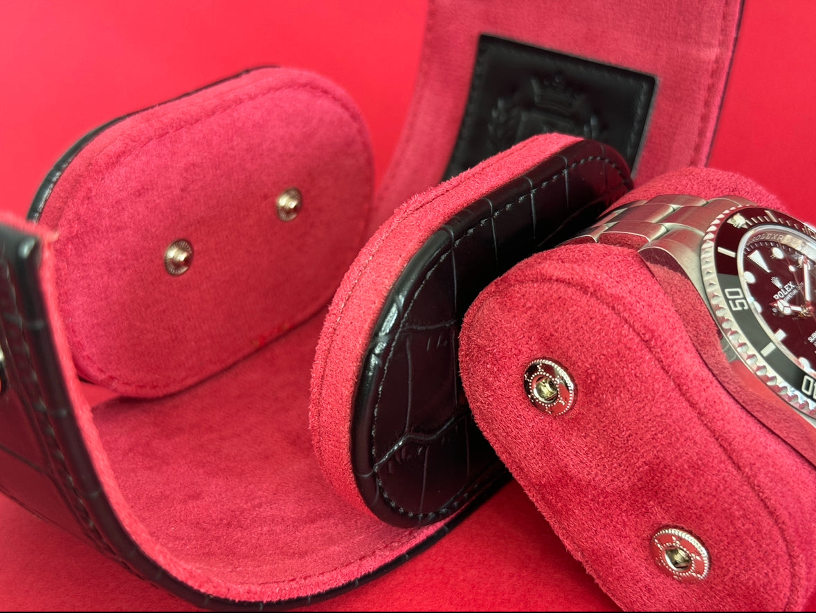 J L Jones Single Slot Watch Roll Black Crocodile Leather Red Velvet
