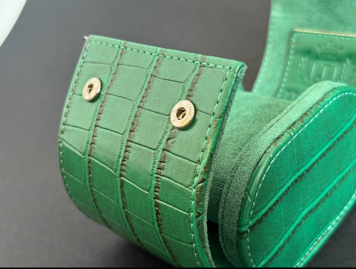 J L Jones Single Slot Watch Roll Green Crocodile Leather Money Green