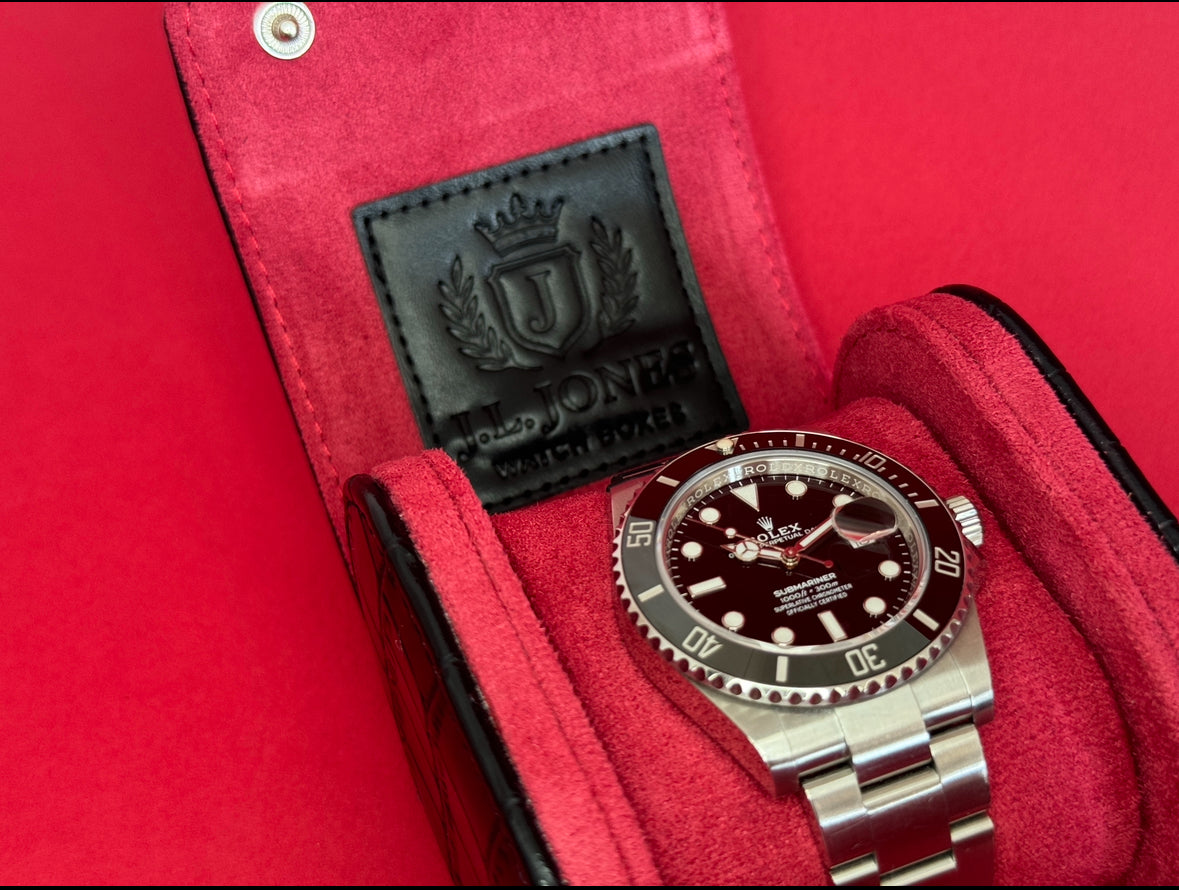 J L Jones Single Slot Watch Roll Black Crocodile Leather Red Velvet