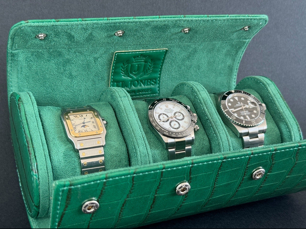 J L Jones 3-Slot Watch Roll Green Crocodile Leather Money Green