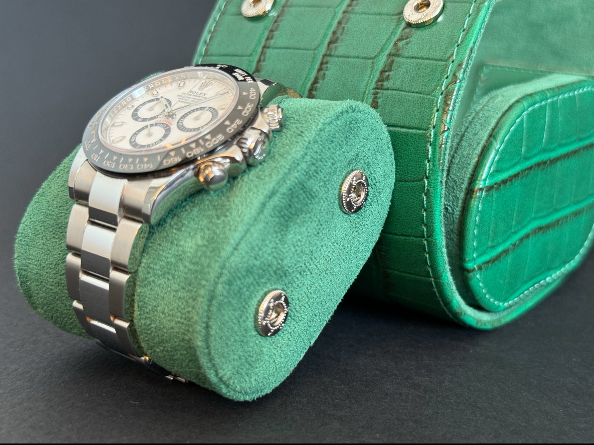 J L Jones Single Slot Watch Roll Green Crocodile Leather Money Green