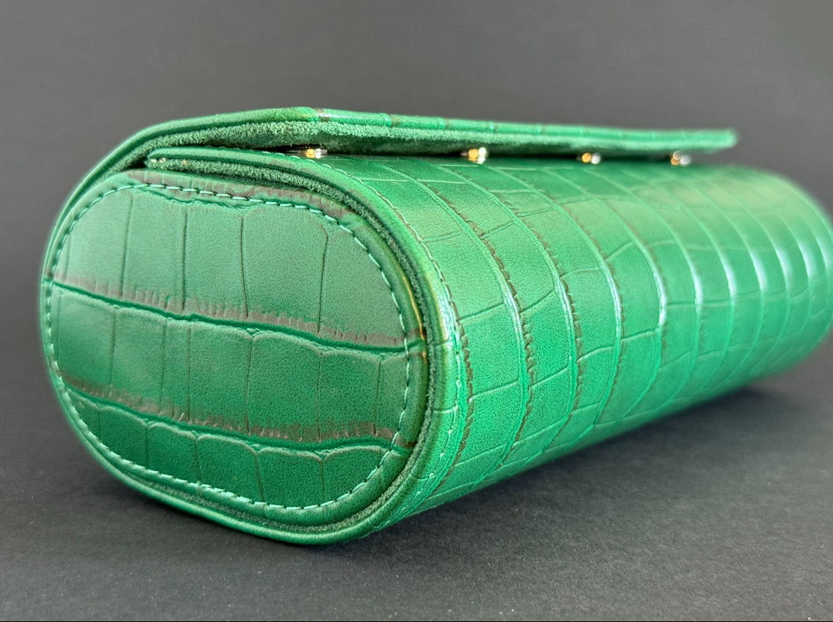 J L Jones 3-Slot Watch Roll Green Crocodile Leather Money Green