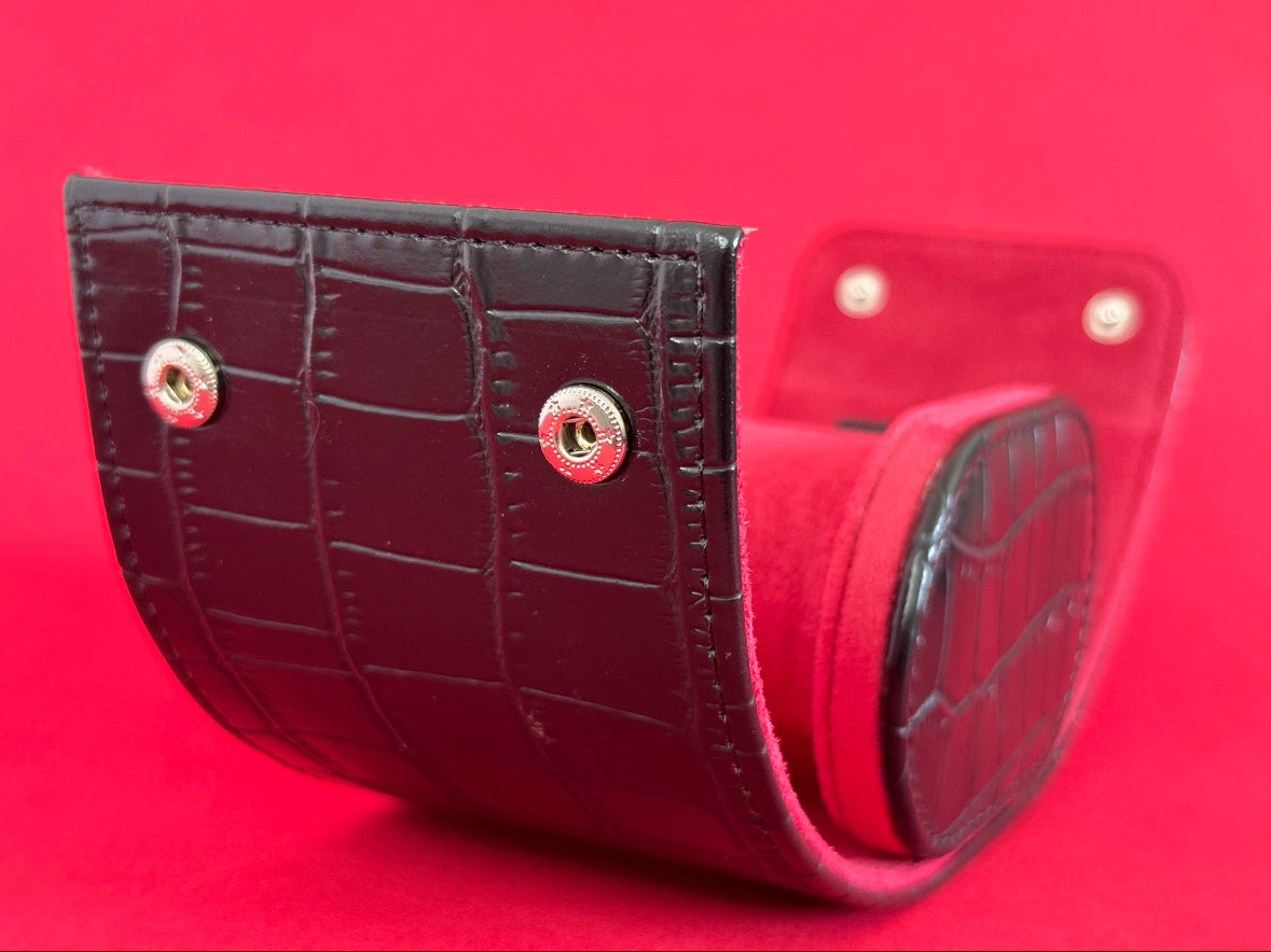 J L Jones Single Slot Watch Roll Black Crocodile Leather Red Velvet