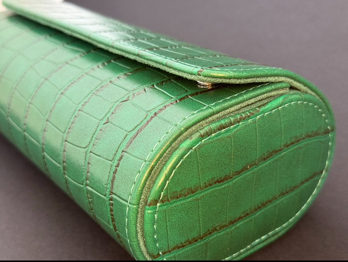 J L Jones 3-Slot Watch Roll Green Crocodile Leather Money Green