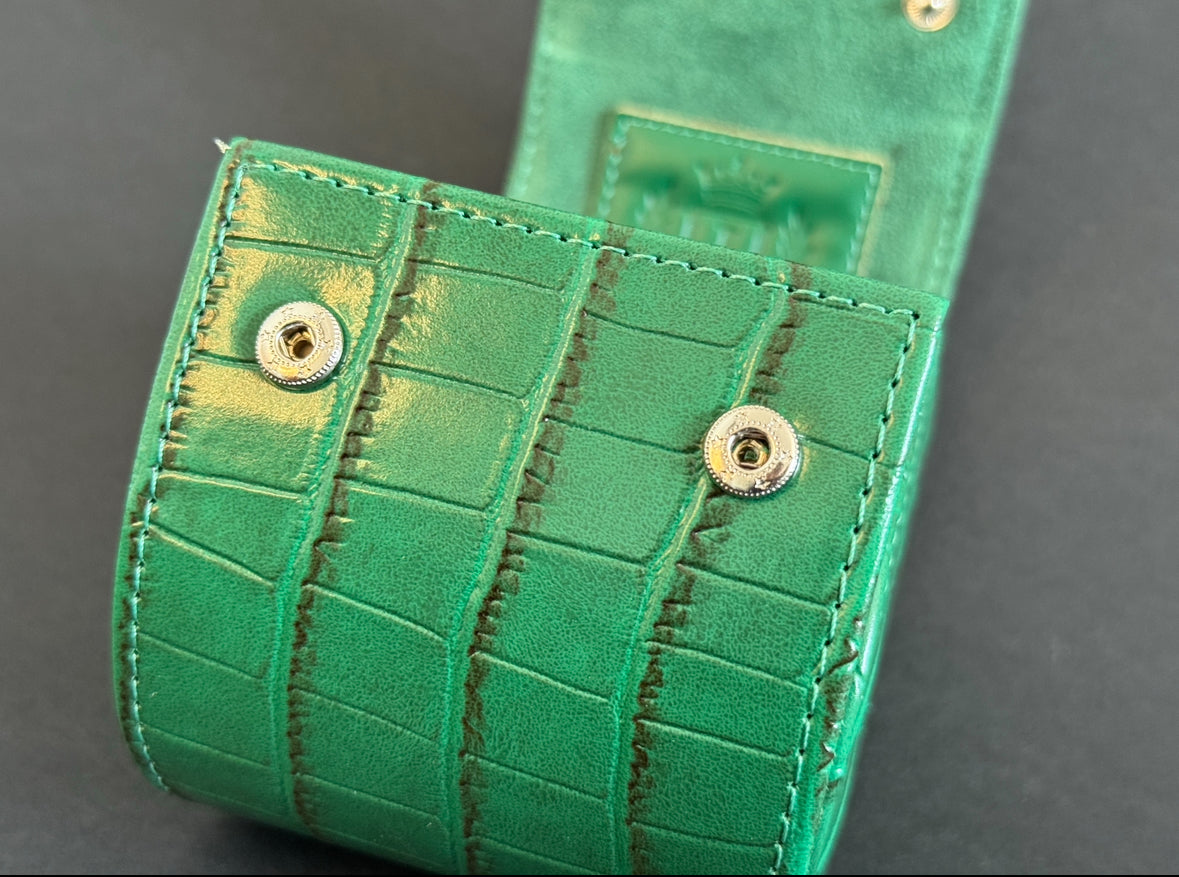 J L Jones Single Slot Watch Roll Green Crocodile Leather Money Green