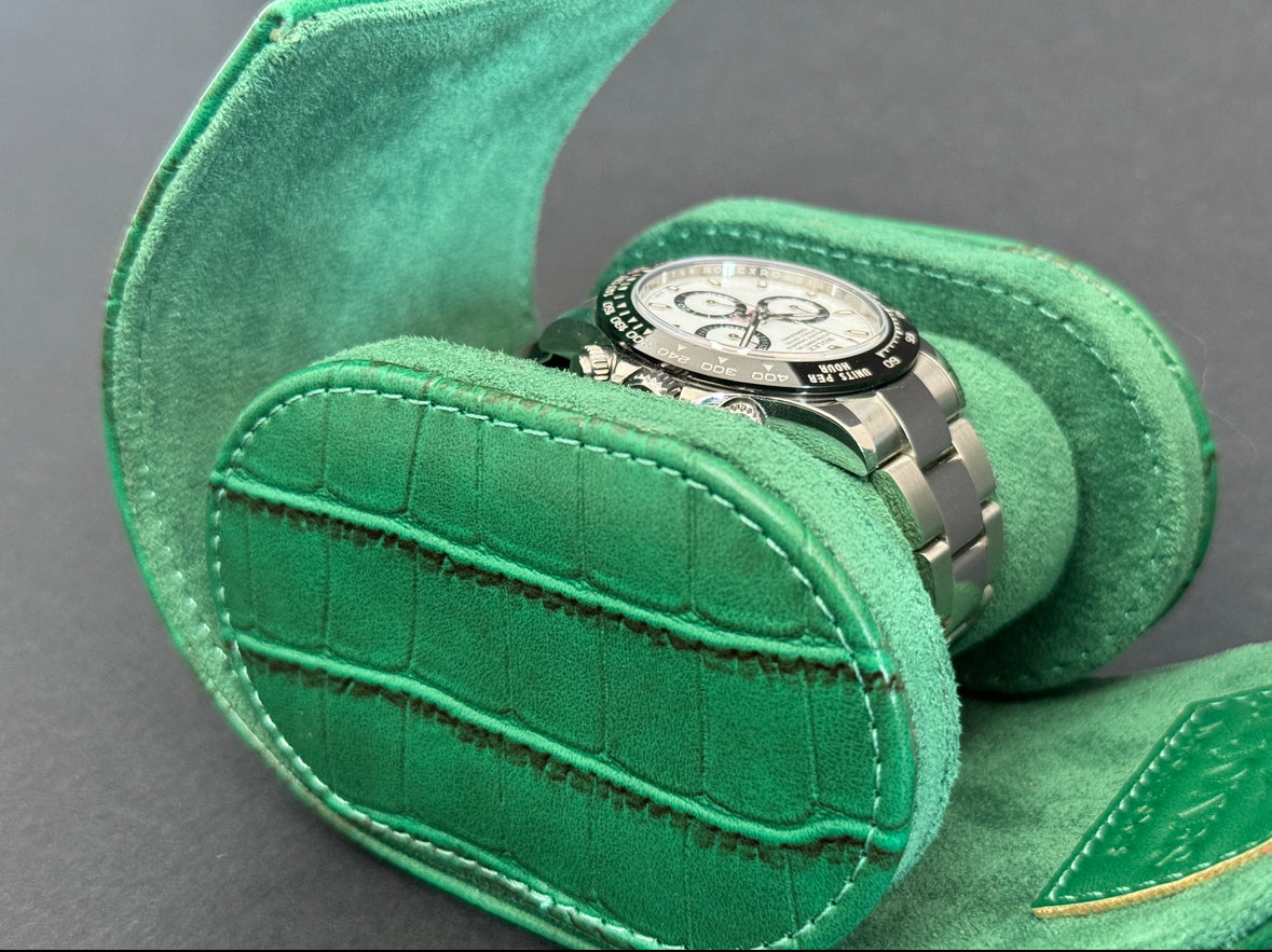 J L Jones Single Slot Watch Roll Green Crocodile Leather Money Green