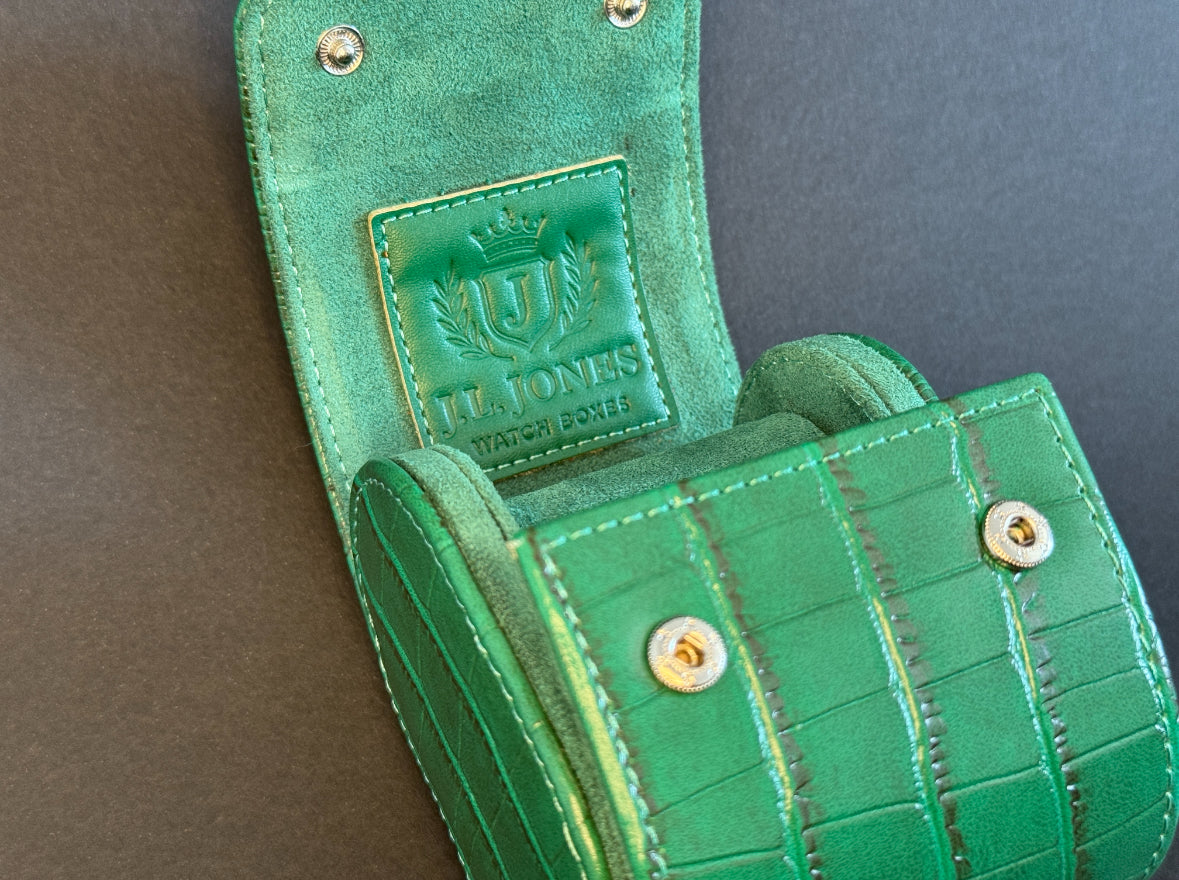 J L Jones Single Slot Watch Roll Green Crocodile Leather Money Green