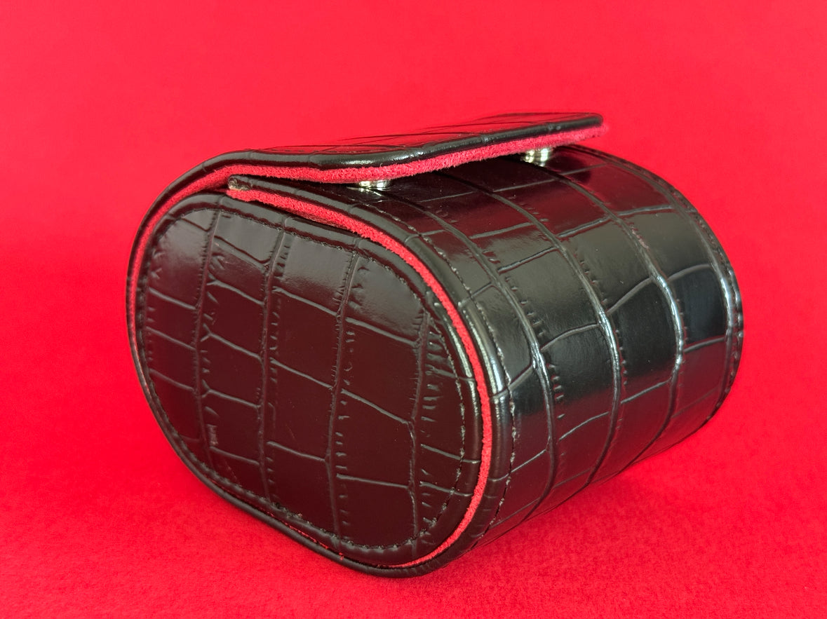 J L Jones Single Slot Watch Roll Black Crocodile Leather Red Velvet