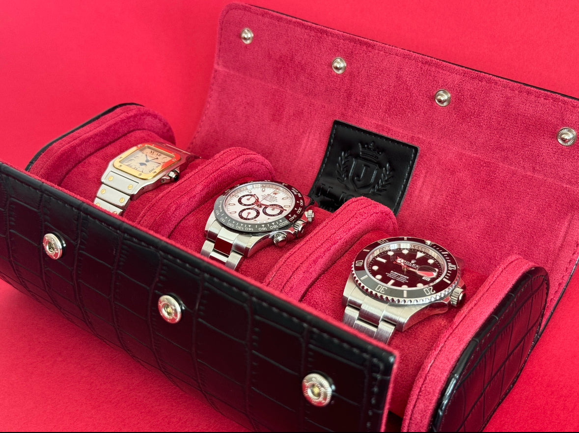 J L Jones 3-Slot Watch Roll Black Crocodile Leather Red Velvet