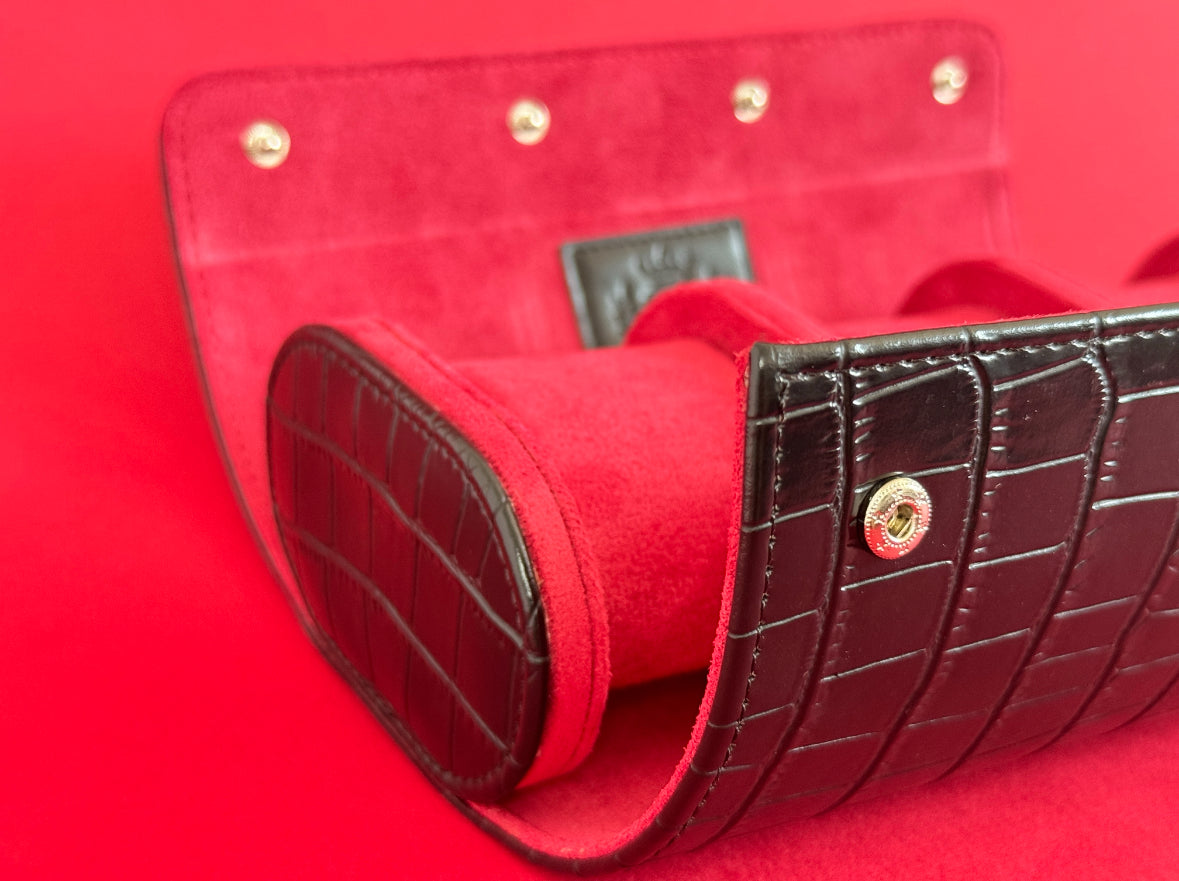 J L Jones 3-Slot Watch Roll Black Crocodile Leather Red Velvet
