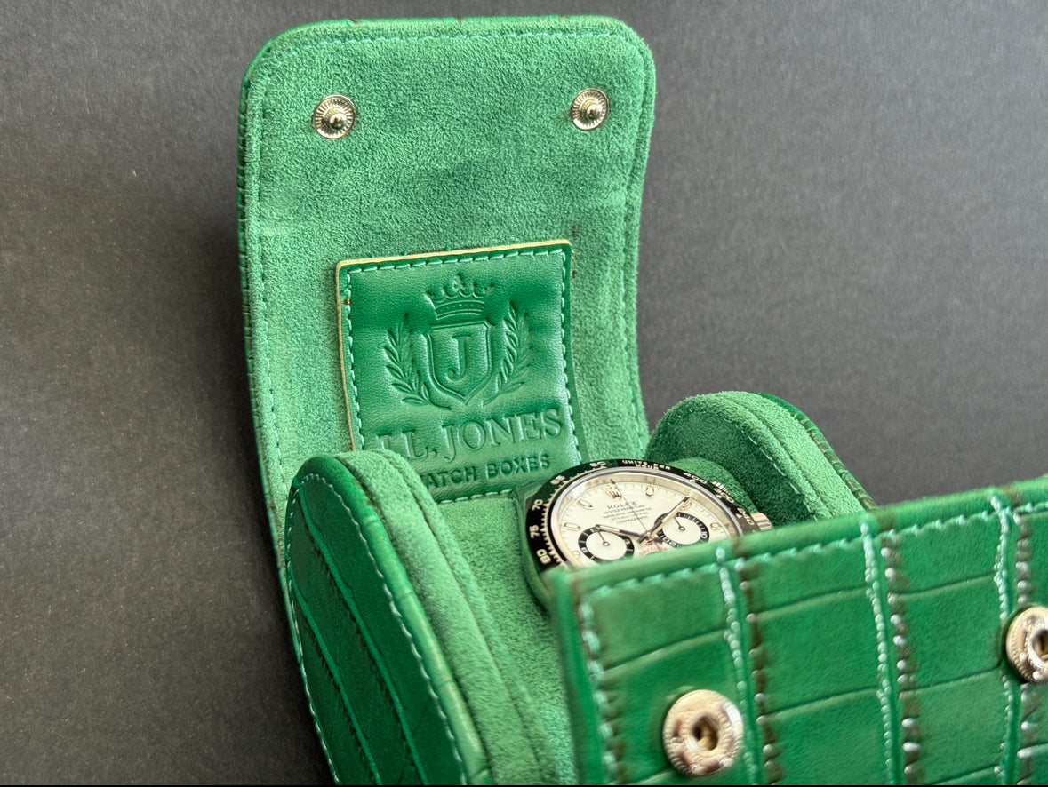 J L Jones Single Slot Watch Roll Green Crocodile Leather Money Green