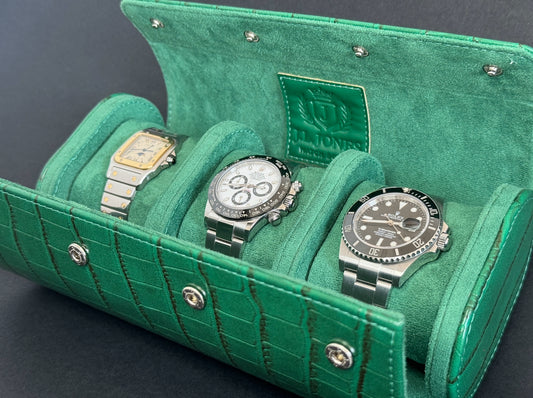 J L Jones 3-Slot Watch Roll Green Crocodile Leather Money Green