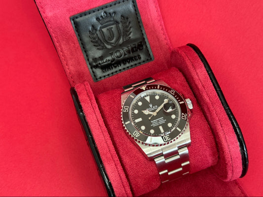 J L Jones Single Slot Watch Roll Black Crocodile Leather Red Velvet