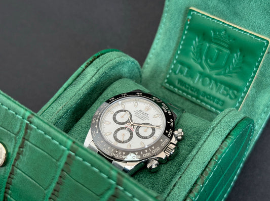 J L Jones Single Slot Watch Roll Green Crocodile Leather Money Green