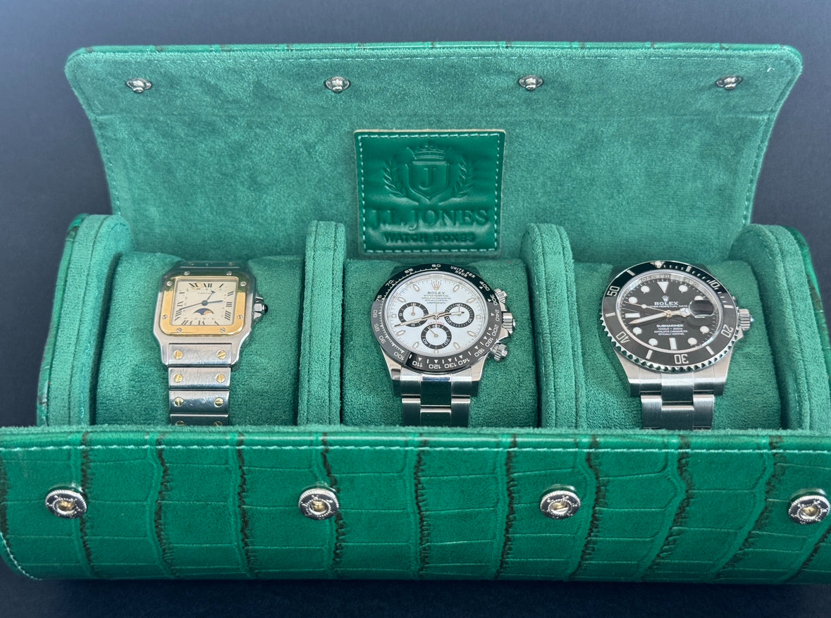 J L Jones 3-Slot Watch Roll Green Crocodile Leather Money Green