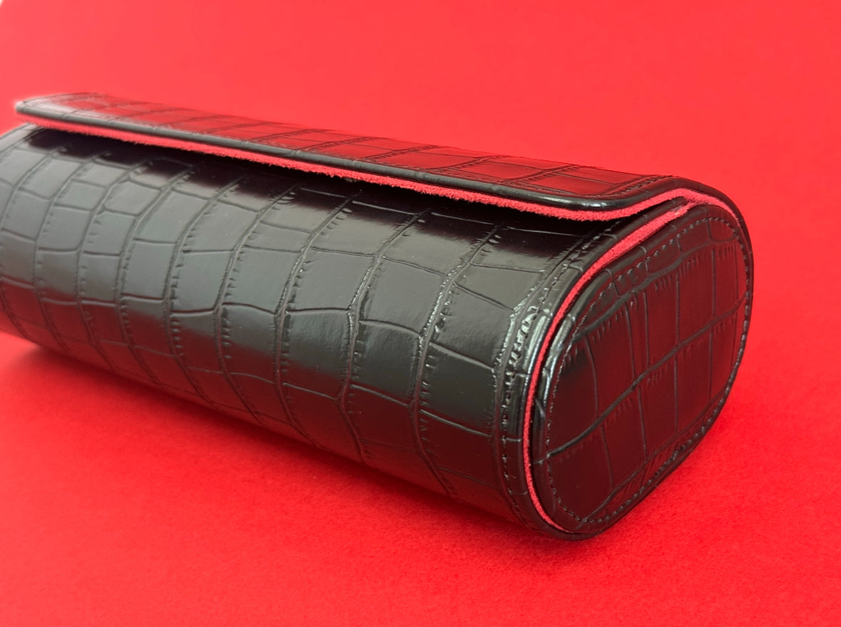 J L Jones 3-Slot Watch Roll Black Crocodile Leather Red Velvet