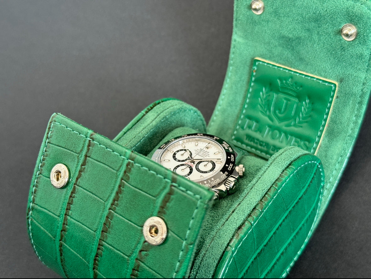 J L Jones Single Slot Watch Roll Green Crocodile Leather Money Green