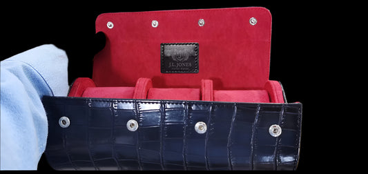 J L Jones 3-Slot Watch Roll Black Crocodile Leather Red Velvet